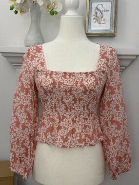 Dusty Rose Cream Floral Smocked Square Neck Blouse M
